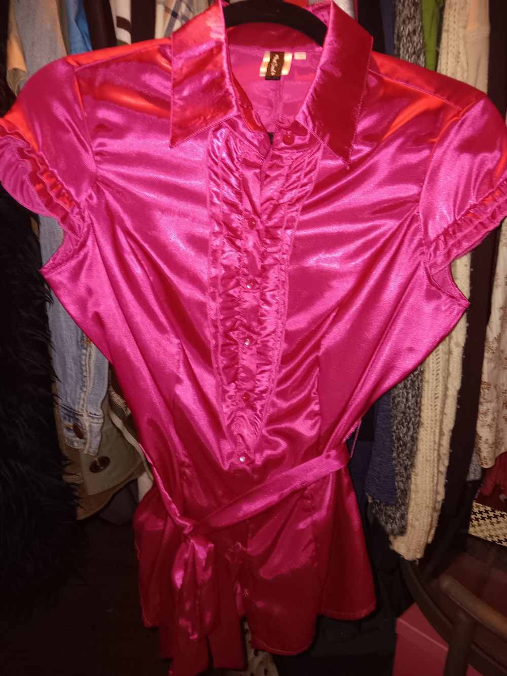 Heart Soul Satin Ruffle Front Blouse - Hot Pink